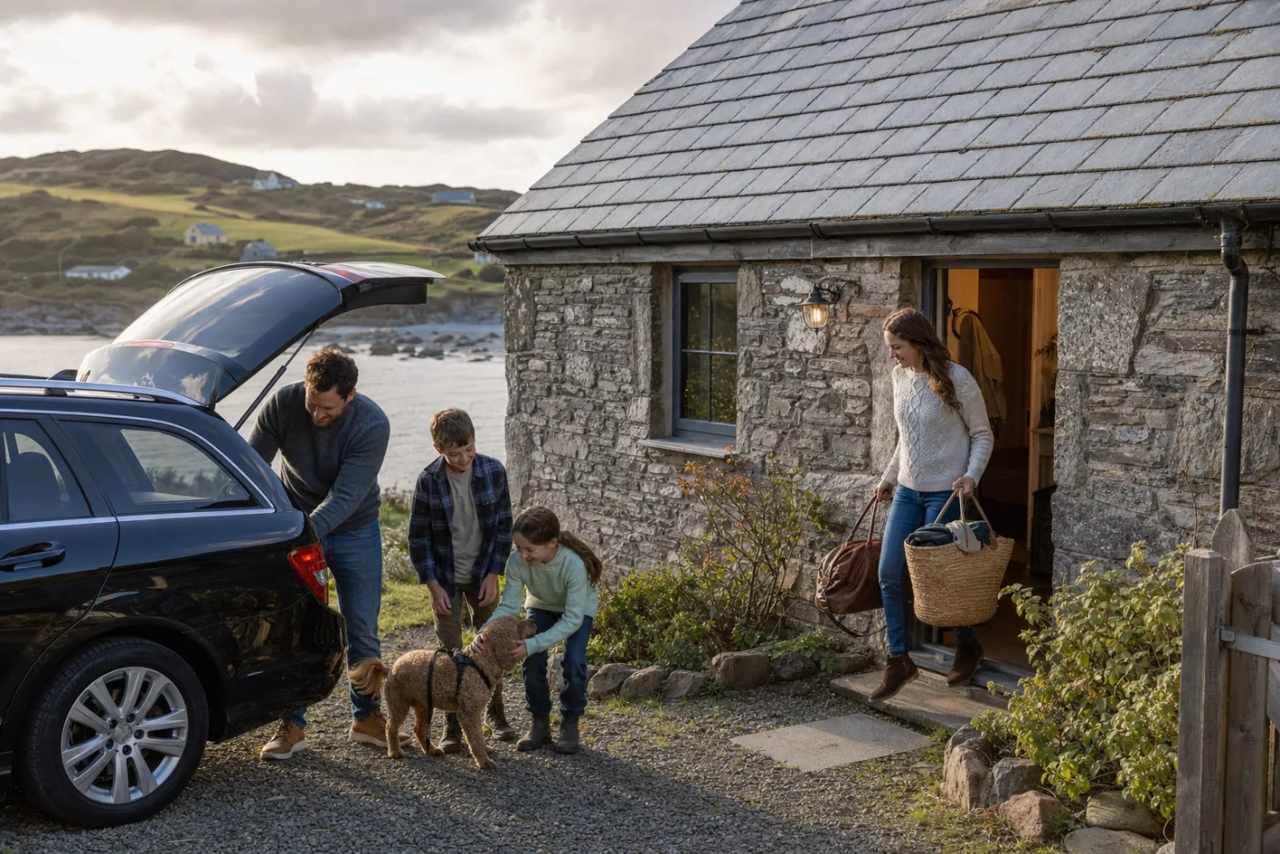 A family unloading the car outside a Welsh stone cottage