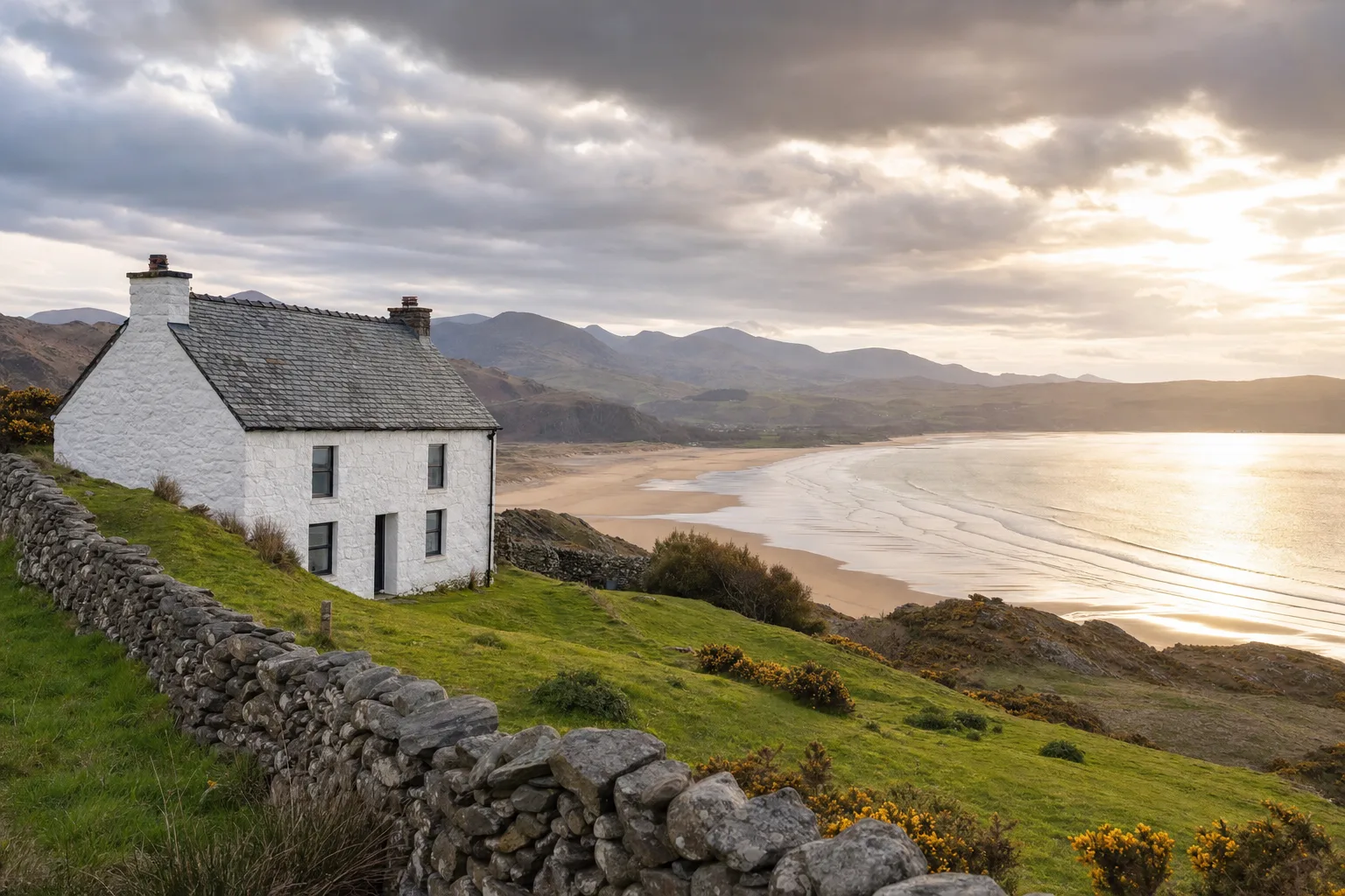 A whitewashed Welsh cottage above a wide sandy bay with mountains behind